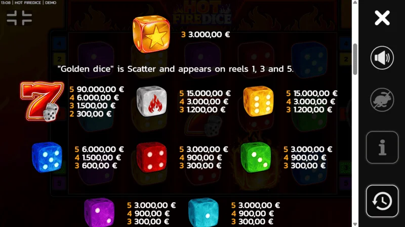 Hot Fire Dice — izmaksu tabula ar papildu Wild